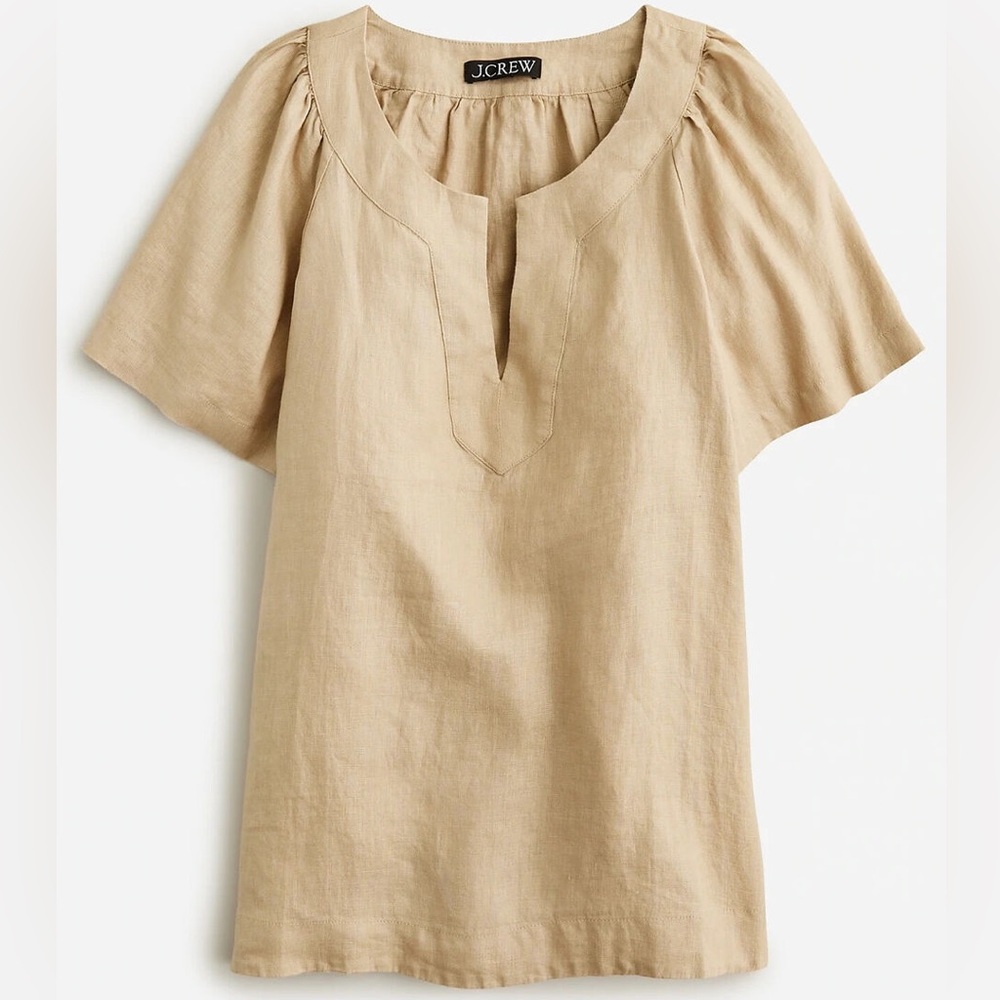 J. Crew (Small) 100% Linen Neutral Tan Coastal Bohemian Flutter Sleeve Top
